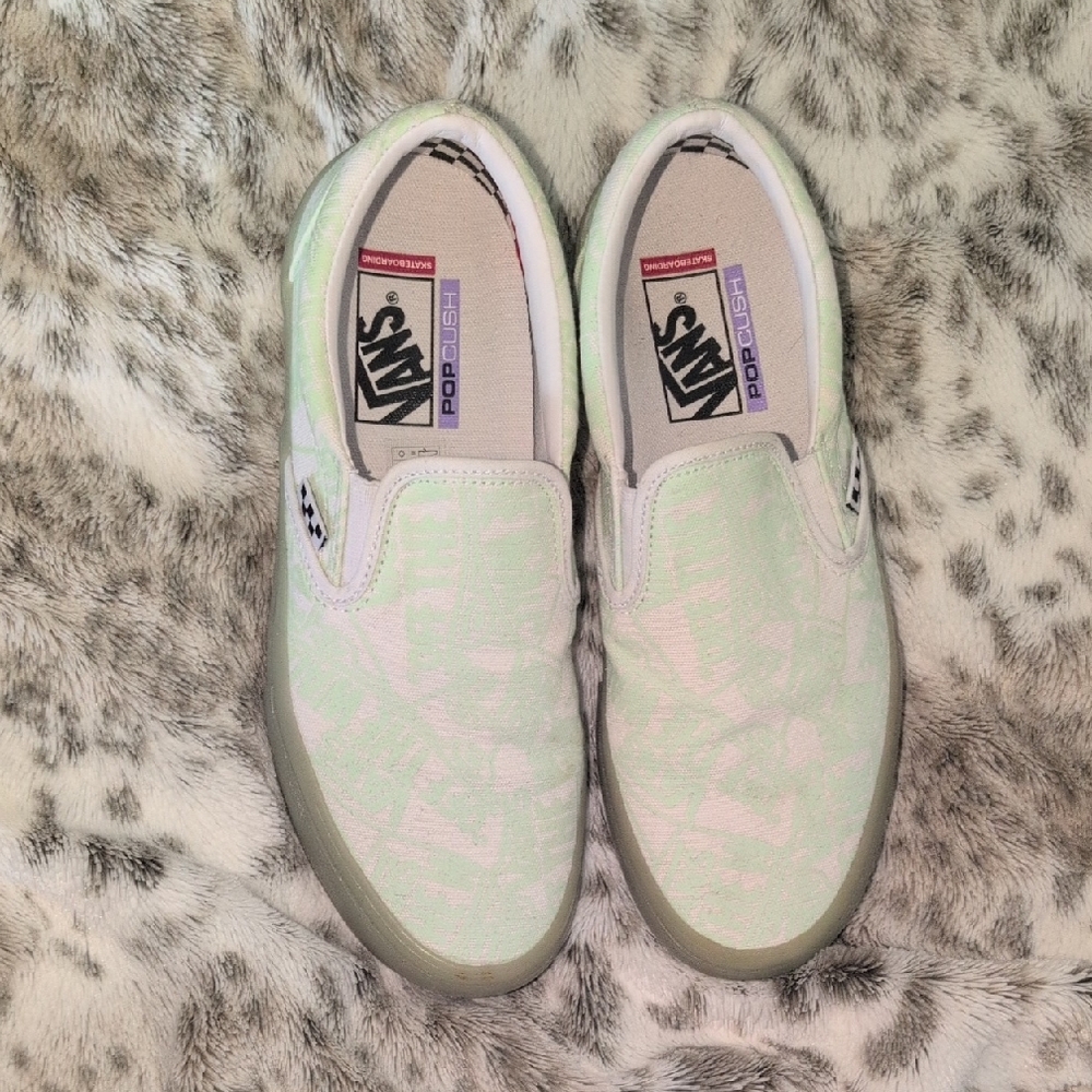 Vans Slip-On Sneakers - White and Light Green